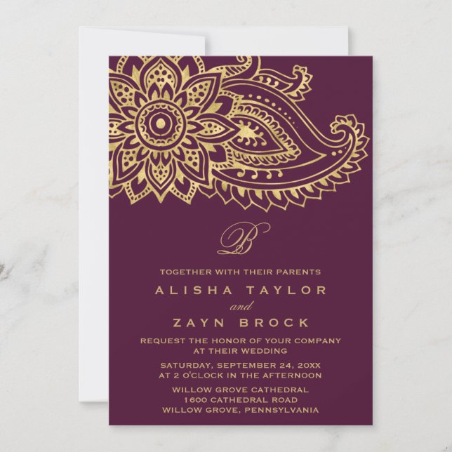 Invitación Boda Gold Indian Paisley (Anverso)
