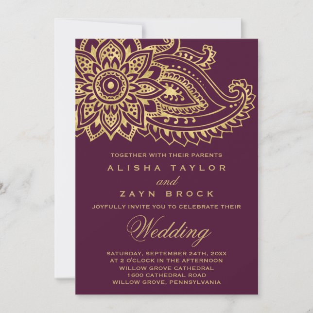 Invitación Boda Gold Indian Paisley (Anverso)