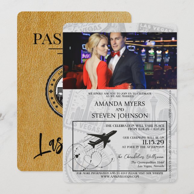 Invitación Boda Gold Las Vegas Passport (Anverso / Reverso)