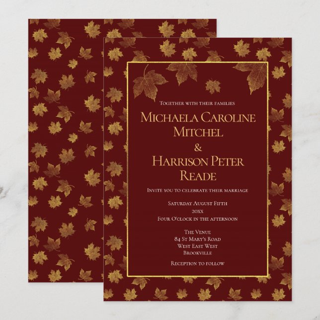 Invitación Boda Gold Leaf Burgundy Marsala (Anverso / Reverso)
