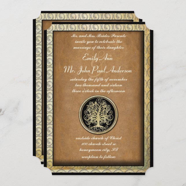 Invitación Boda Gold Metallic Swirl Tree Gold Border (Anverso / Reverso)