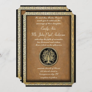 Invitación Boda Gold Metallic Swirl Tree Gold Border