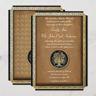 Invitación Boda Gold Metallic Swirl Tree Gold Border