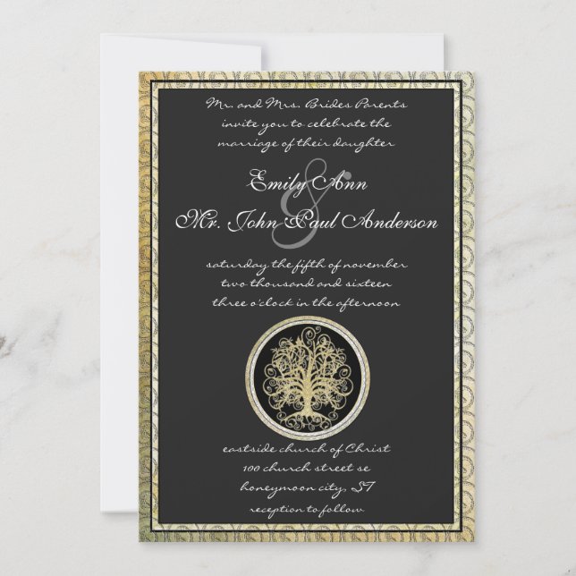 Invitación Boda Gold Metallic Swirl Tree Gold Border (Anverso)