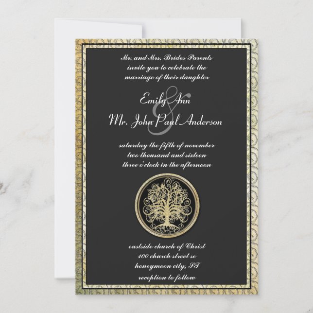 Invitación Boda Gold Metallic Swirl Tree Gold Border (Anverso)