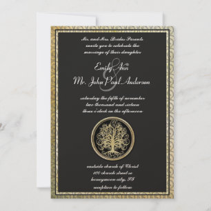 Invitación Boda Gold Metallic Swirl Tree Gold Border