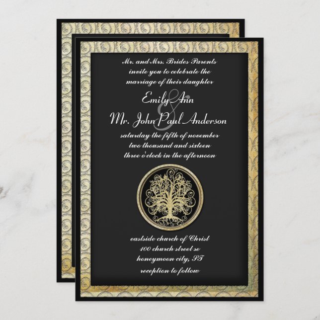 Invitación Boda Gold Metallic Swirl Tree Gold Border (Anverso / Reverso)