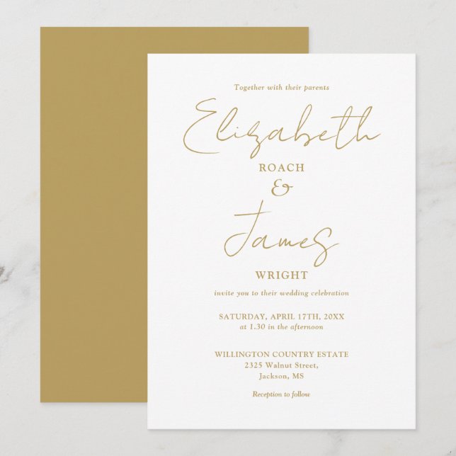 Invitación Boda Gold Moderno Minimalista Elegante Script (Anverso / Reverso)