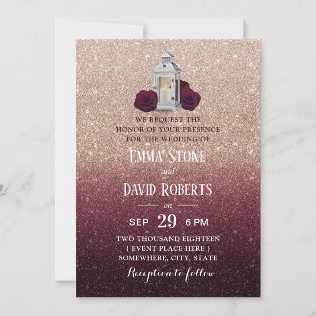 Invitación Boda Gold Ombre Rosa Linterna floral de Borgoña (Anverso)
