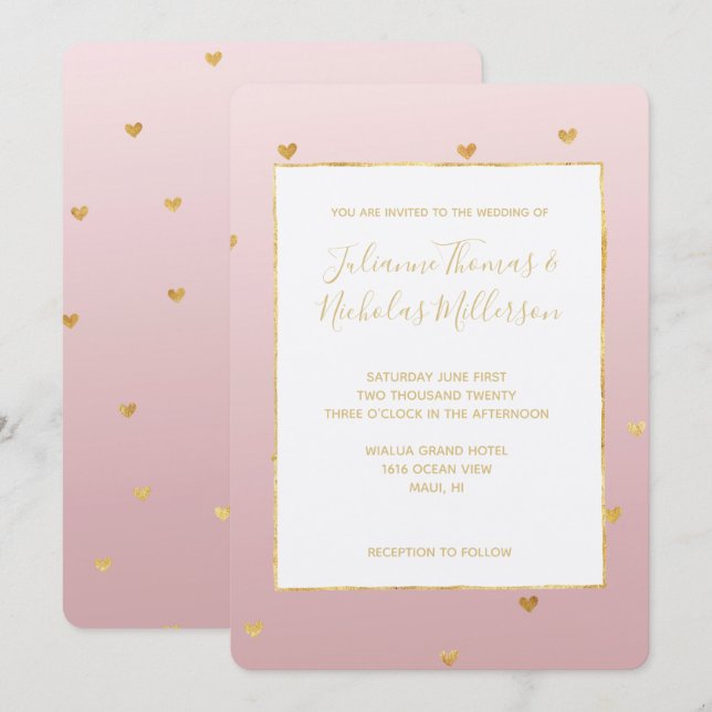 Invitación Boda Gold Rubor Pink Ombre Hearts (Anverso / Reverso)