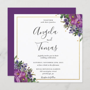 Invitación Boda Gold Square de ciruela morada y vegetación fl