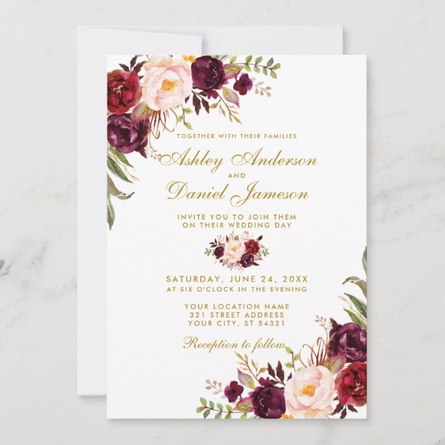 Invitación Boda Gold Watercolor Burgundy Floral W (Anverso)