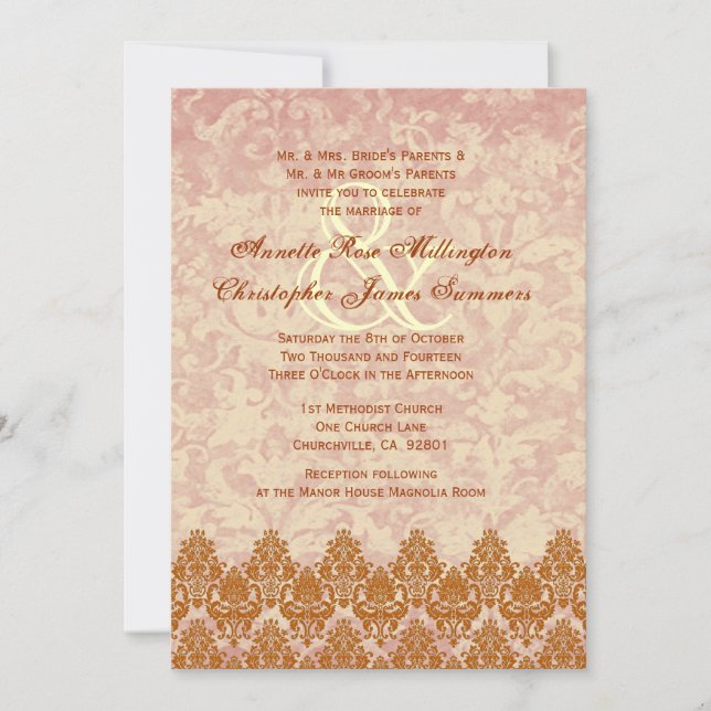 Invitación Boda Gold y Rubor Lace y Grunge Damask V01 (Anverso)