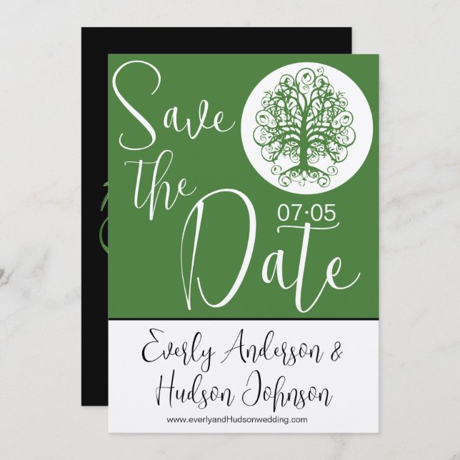 Invitación Boda Golden Green Swirl Tree Roots (Anverso / Reverso)