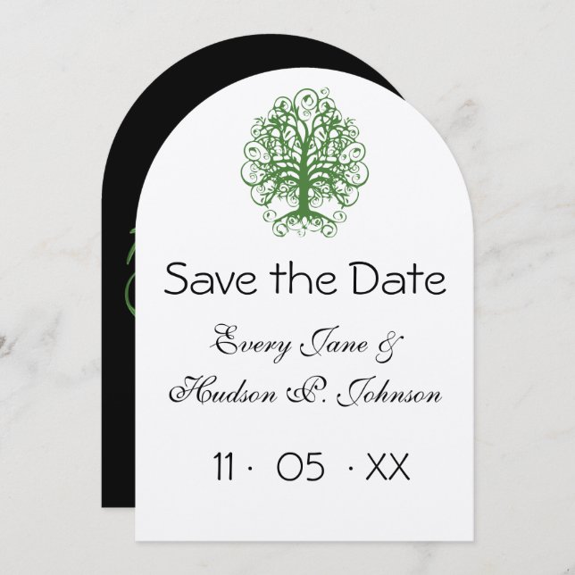 Invitación Boda Golden Green Swirl Tree Roots (Anverso / Reverso)