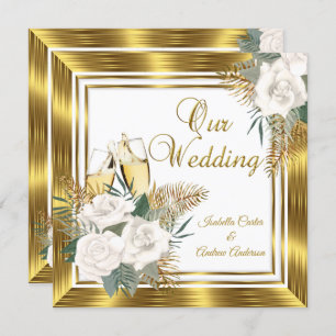 Invitación Boda Golden White Rose Champagne Gold
