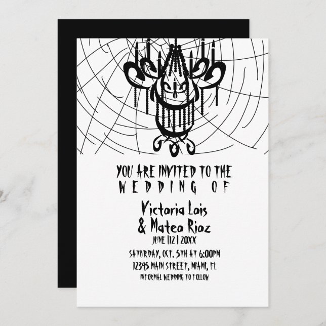 Invitación Boda Gótica  Araña de Telaraña Negra de Candil   (Anverso / Reverso)