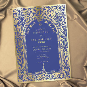 Invitación Boda Gótica Azul Dorado Medieval Hasta la Muerte