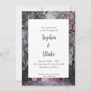 Invitación Boda gótica con cielo gris espeluznante y luna lle