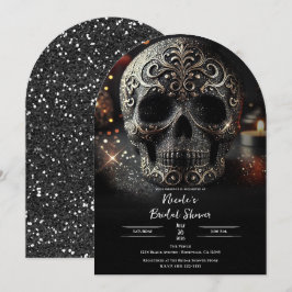 Invitación Boda Gótica Cráneo Brillo Glitter Glam Negro