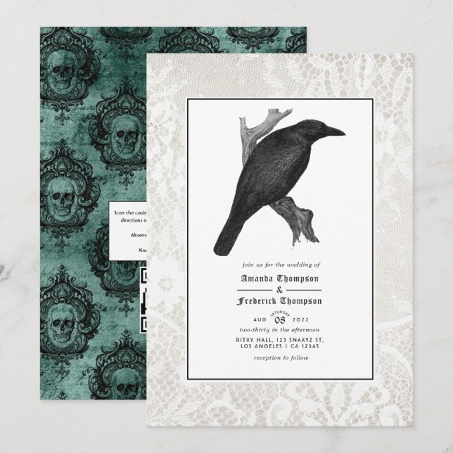 Invitación Boda Gótica Cuervo y Encaje (Anverso / Reverso)