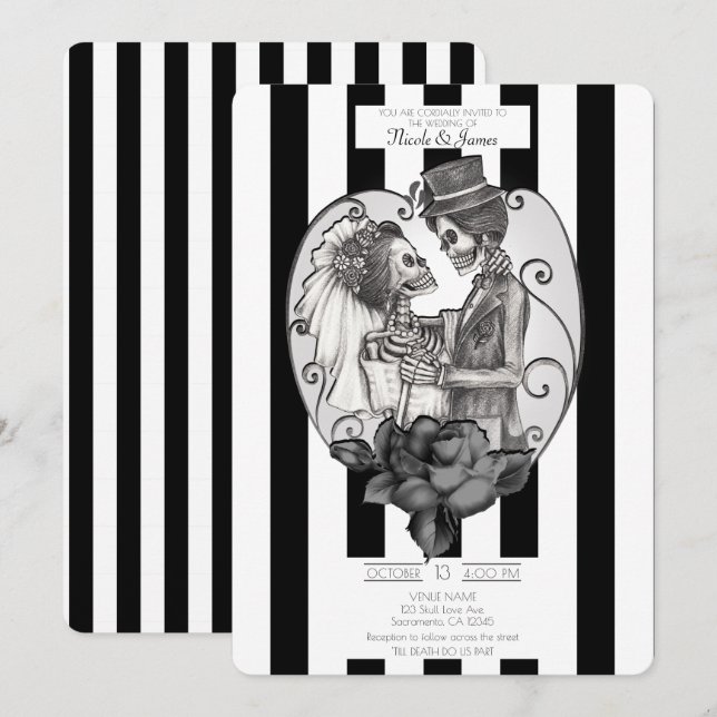 Invitación Boda Gótica Danza de Esposos Amor Esqueleto (Anverso / Reverso)