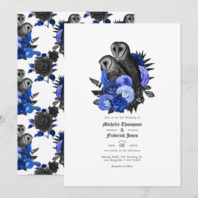 Invitación Boda Gótica de Búhos Azul Real Vintage (Anverso / Reverso)