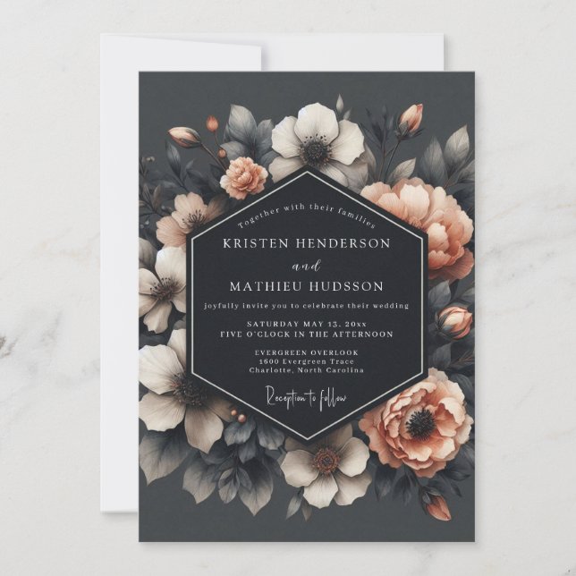 Invitación Boda Gótica de Carbón y Albaricoque (Anverso)
