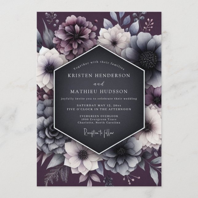 Invitación Boda gótica de carbón y malva (Anverso)