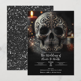 Invitación Boda Gótica de Cráneo con Brillo Glitter Negro Gla