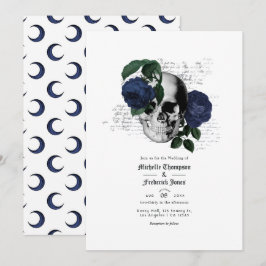 Invitación Boda Gótica de Cráneo Floral Azul Marino