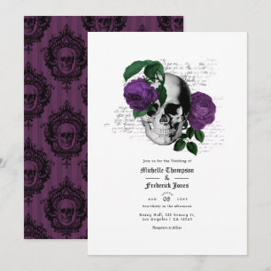 Invitación Boda Gótica de Cráneo Floral Púrpura