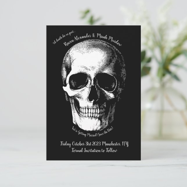 Invitación Boda gótica de cráneo salva la fecha (Anverso de pie)