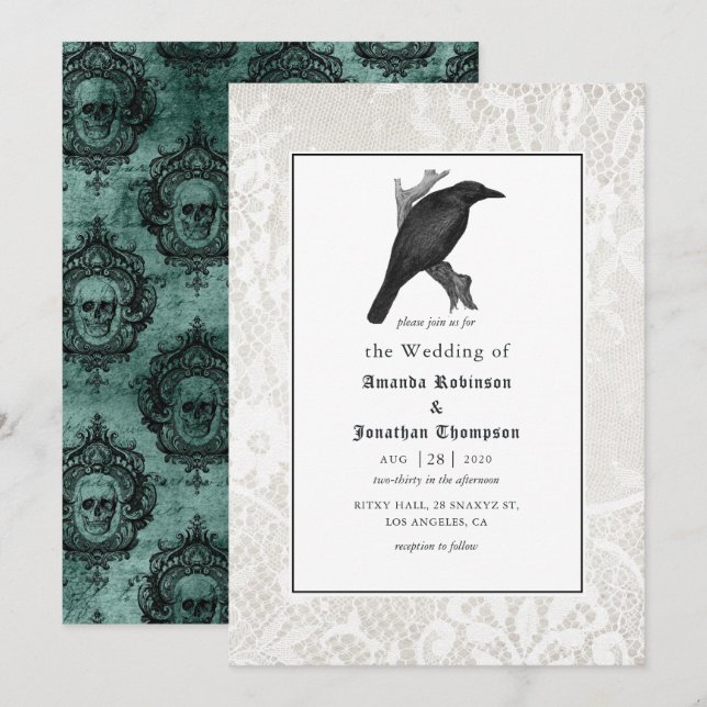 Invitación Boda Gótica de Cráneo y Encaje (Anverso / Reverso)