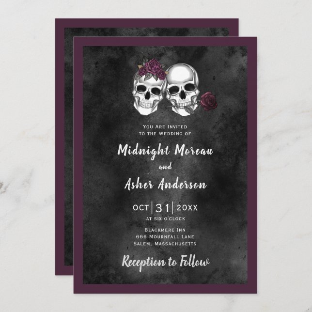 Invitación Boda Gótica de Esqueleto Pareja Rosas (Anverso / Reverso)