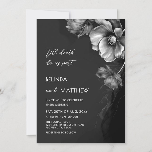 Invitación Boda Gótica de Flores Negras, Blancas y Plateadas  (Anverso)