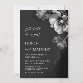 Invitación Boda Gótica de Flores Negras, Blancas y Plateadas