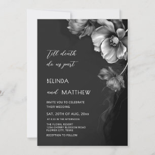 Invitación Boda Gótica de Flores Negras y Blancas Plateadas