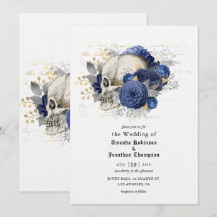 Invitación Boda Gótica de Halloween de Cráneo Floral Azul