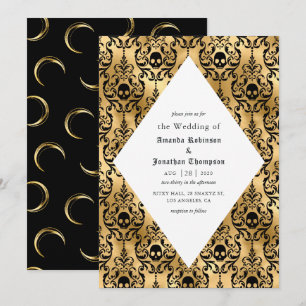 Invitación Boda Gótica de Halloween en negro y dorado Damask
