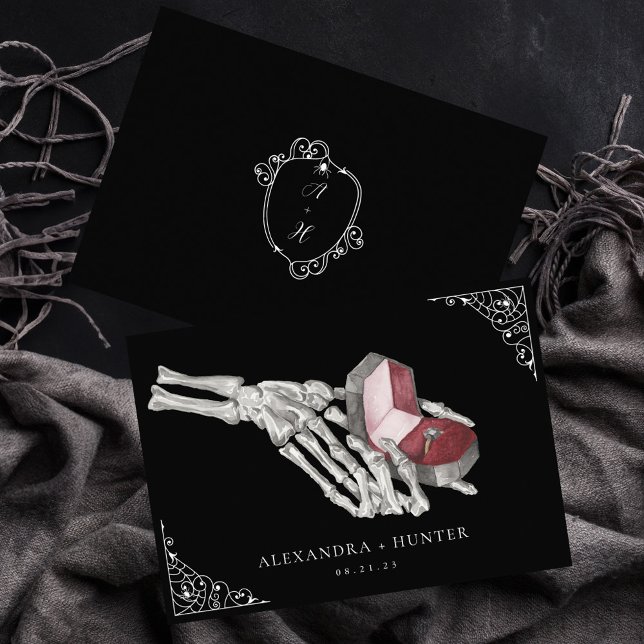 Invitación Boda gótica de la mano de Skeleton Save the Date (Skeleton Hand Ring Gothic Wedding Save the Date Invitation)