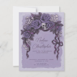Invitación Boda Gótica de Lavanda, Calavera y Rosas