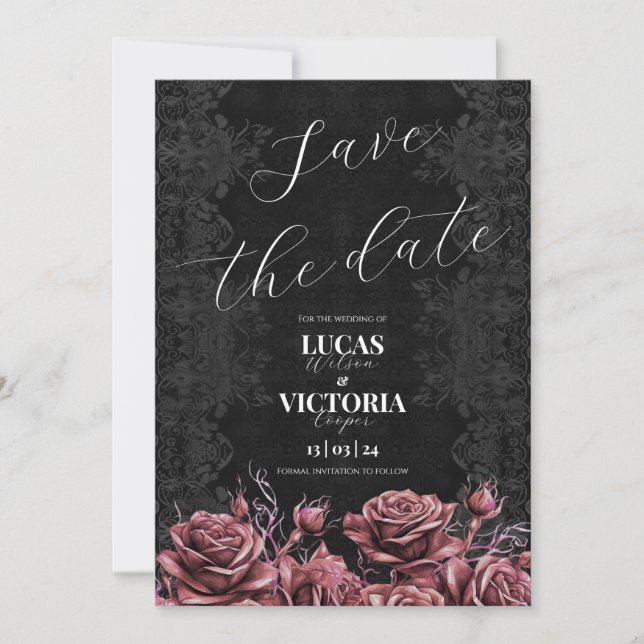 Invitación Boda gótica de rosas victorianas salva la fecha (Anverso)