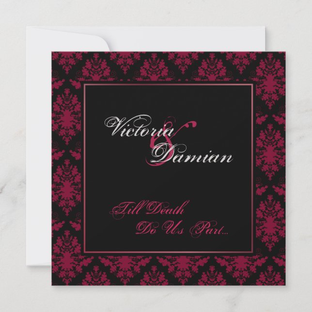 Invitación Boda gótica del damasco negro y rojo (Anverso)