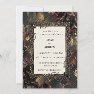 Invitación Boda Gótica Dorada con Filigrana Oscura y Malhumor