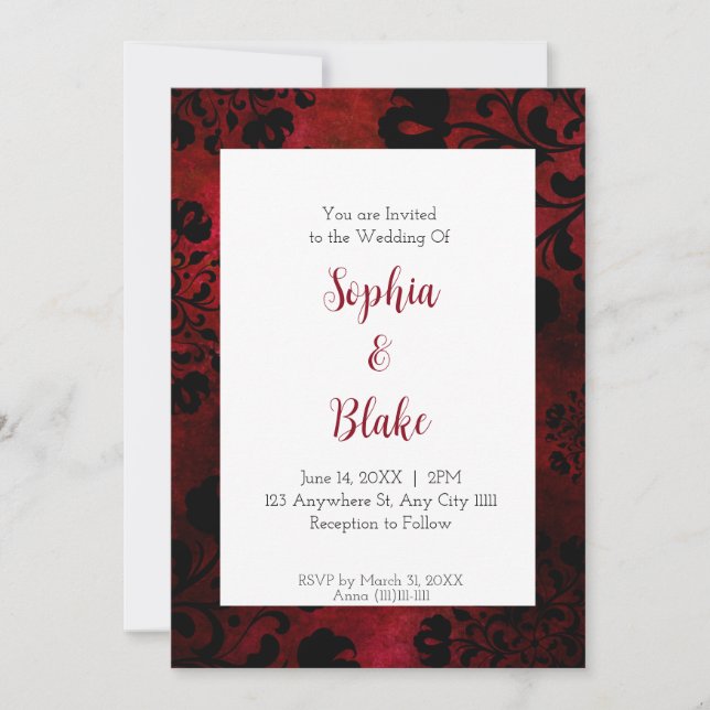 Invitación Boda gótica dramática negra y roja (Anverso)