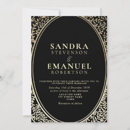 Invitación Boda gótica elegante en negro y dorado