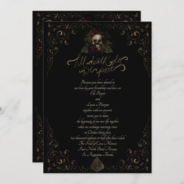 Invitación Boda Gótica Elegante Ornamental Dorada Hasta la Mu (Anverso / Reverso)