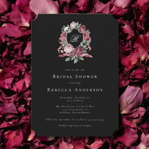 Invitación Boda gótica Escudo Rosas Skull Bridal Shower