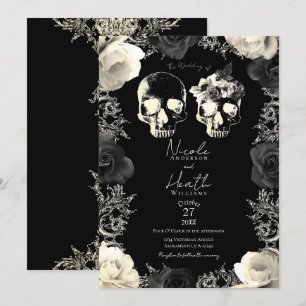 Invitación Boda Gótica Esqueleto de Cráneo Gris Crema Negro